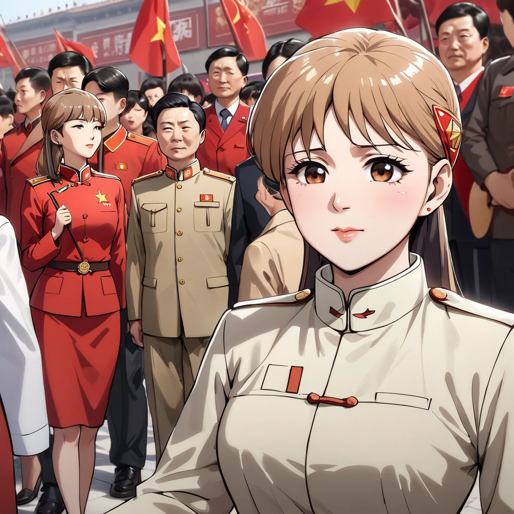 ((Highest quality)), ((masterpiece)), (detailed), （Perfect Face）、The woman is Princess Leona, a Chinese woman with medium-long light brown hair, wearing an engagement ring. She has become a member of the glorious Chinese Communist Party and has sworn absolute loyalty to the Communist Party of China. She is a righteous Communist Party member of the ruling China and the wife of a great Communist Party official.、The woman is wearing the khaki Mao suit of the Chinese Communist Party.、For the sake of China, their hairstyles, clothes, and everything they wear are all Chinese Communist Party items, and their thoughts are also Chinese, becoming great Chinese in body and mind.、The woman became Princess Leona, a Chinese woman who was proud of China and loved it devotedly.、She is serving China as a member of the great Communist Party of China.、The woman is a beautiful, respectable and exemplary Communist Party member.