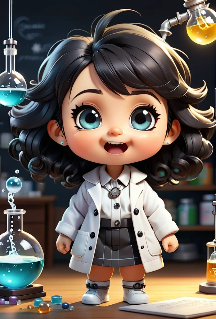 (((Chibi Baby UHD))) yang08k UHD, Chemistry permaneça com suas carateristícas originais (seus olhos sao cor de mel, usa oculos ) (chibi nao usa brincos)MASCOT and , atoms, Molecules ,Has black hair , Blind box style and model with popular market style, The sunlight shines, , hyper qualit, sharp features, Ultra HD and 8K resolution,Cool Hand Drawn Illustration，fly away (Inside out disgusting), Create a series of best quality cute chibi dolls,ultra details,realisitic,Science Laboratory,Chemical experiment,ultra HD, chemical equipment,scientists working,cups,UHD Bunsen Burner ,Microscope,laboratory glassware,measuring cylinders,labcoats,Round nerd glasses ,science books,Periodic table,scientific research,discoveries,new inventions,innovation,aprendizagem,education,Scientific culture wears coat with details of buttons and brooches , her coat is charming and cute with ultra chemical details ,Curiosidade,Technological advancements,swirly vibrant colors,soft lighting,modern laboratory,nerdy atmosphere,laboratory instruments,hypothesis testing,Scientific method,symbolic representation,Critical thinking,experiments ,precision,precision,Intricate details,impressive scientific setup,natural elements,exploration of the mysteries of science,unlocking the secrets of nature. Baby chibi is happy and excited, remember to use chemical laboratory glassware, The chalkboard behind the cute chibi baby is written the structure of caffeine in white chalk 18K UHDBlack hair, very long hair, American propaganda poster, shine light, 3D rendering, Riso, 