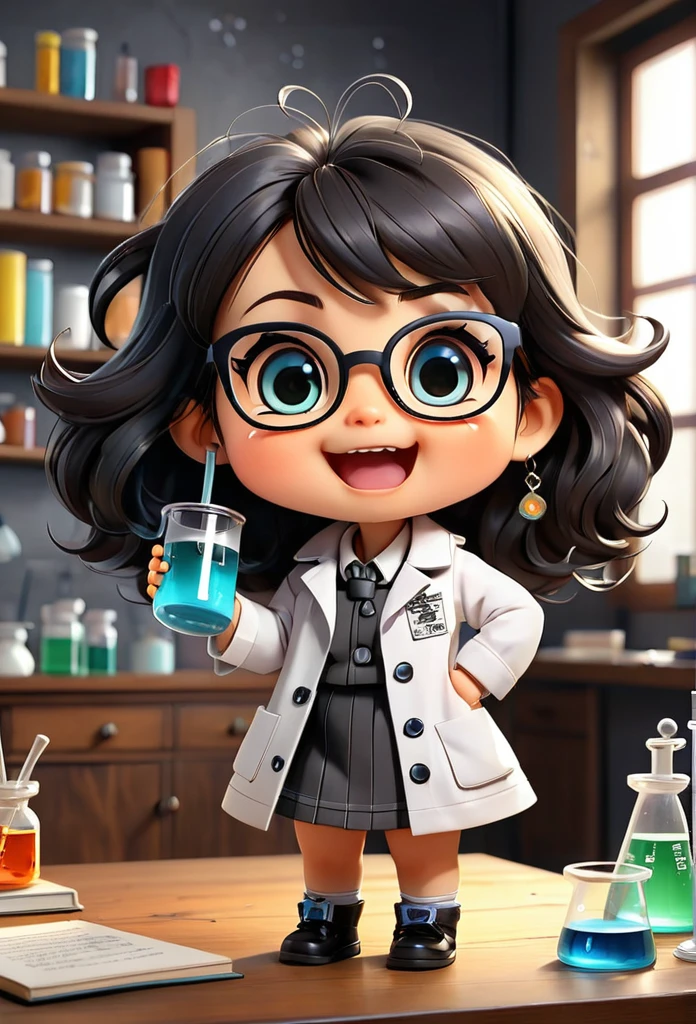 (((Chibi Baby UHD))) yang08k UHD, Chemistry permaneça com suas carateristícas originais (seus olhos sao cor de mel, usa oculos ) (chibi nao usa brincos)MASCOT and , atoms, Molecules ,Has black hair , Blind box style and model with popular market style, The sunlight shines, , hyper qualit, sharp features, Ultra HD and 8K resolution,Cool Hand Drawn Illustration，fly away (Inside out disgusting), Create a series of best quality cute chibi dolls,ultra details,realisitic,Science Laboratory,Chemical experiment,ultra HD, chemical equipment,scientists working,cups,UHD Bunsen Burner ,Microscope,laboratory glassware,measuring cylinders,labcoats,Round nerd glasses ,science books,Periodic table,scientific research,discoveries,new inventions,innovation,aprendizagem,education,Scientific culture wears coat with details of buttons and brooches , her coat is charming and cute with ultra chemical details ,Curiosidade,Technological advancements,swirly vibrant colors,soft lighting,modern laboratory,nerdy atmosphere,laboratory instruments,hypothesis testing,Scientific method,symbolic representation,Critical thinking,experiments ,precision,precision,Intricate details,impressive scientific setup,natural elements,exploration of the mysteries of science,unlocking the secrets of nature. Baby chibi is happy and excited, remember to use chemical laboratory glassware, The chalkboard behind the cute chibi baby is written the structure of caffeine in white chalk 18K UHDBlack hair, very long hair, American propaganda poster, shine light, 3D rendering, Riso, 