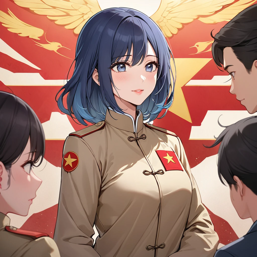 ((Highest quality)), ((masterpiece)), (detailed), (Perfect Face)、The woman is Chinese, Akane Kurokawa, a Chinese woman with medium-long blue hair who is wearing an engagement ring. She has become a member of the glorious Chinese Communist Party and has sworn absolute loyalty to the party. She is a righteous Communist Party member of the ruling China and the wife of a great Communist Party official.、The woman is wearing the khaki Mao suit of the Chinese Communist Party.、For the sake of China, their hairstyles, clothes, and everything they wear are all Chinese Communist Party items, and their thoughts are also Chinese, becoming great Chinese in body and mind.、The woman became Akane Kurokawa, a Chinese woman who is proud of China, loves it and devotes herself to it.、She is serving China as a member of the great Communist Party of China.、The woman is a beautiful, respectable and exemplary Communist Party member.