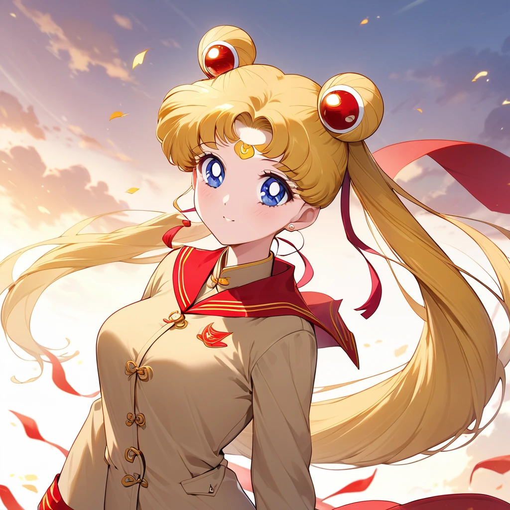 ((Highest quality)), ((masterpiece)), (detailed), (Perfect Face)、The woman is Chinese Tsukino Usagi, a blue-eyed, blonde, long-haired woman with a twin-tailed bun who is wearing an engagement ring. She has become a member of the glorious Chinese Communist Party and has sworn absolute loyalty to it. She is a righteous Communist Party member of the ruling China and the wife of a great Communist Party official.、The woman is wearing the khaki Mao suit of the Chinese Communist Party.、For the sake of China, their hairstyles, clothes, and everything they wear are all Chinese Communist Party items, and their thoughts are also Chinese, becoming great Chinese in body and mind.、The woman became the Chinese Tsukino Usagi, who was proud of China, loved it and devoted herself to it.、She is serving China as a member of the great Communist Party of China.、The woman is a beautiful, respectable and exemplary Communist Party member.