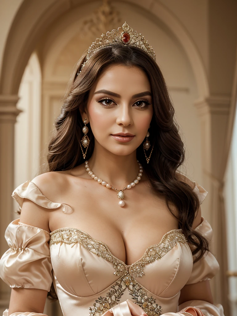 Transgender  in image of princess,big seductive eyes,proud pose,high detailes of face,detailed fingers. Masterpiece,The noble transwoman queen in stately and exquisite peach color royal satin wedding dress,decorated with Embroidery and jewelry,(large puff sleeves,big bust,seductive neckline),pearl necklace,earrings, extra-long gloves, smoky eyes makeup,voluminous crinoline,long perfect hair,