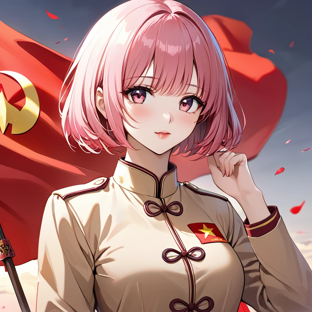 ((Highest quality)), ((masterpiece)), (detailed), （Perfect Face）、The woman is Chinese Momo Beria Deviluke, a Chinese woman with pink short bob hair and an engagement ring. She is a member of the glorious Chinese Communist Party and has sworn absolute loyalty to the Chinese Communist Party. She is a righteous Communist Party member of the ruling China and the wife of a great Communist Party official.、The woman is wearing the khaki Mao suit of the Chinese Communist Party.、For the sake of China, their hairstyles, clothes, and everything they wear are all Chinese Communist Party items, and their thoughts are also Chinese, becoming great Chinese in body and mind.、The woman became Momo Belia Deviluke, a Chinese woman who was proud of and loved China.、She is serving China as a member of the great Communist Party of China.、The woman is a beautiful, respectable and exemplary Communist Party member.