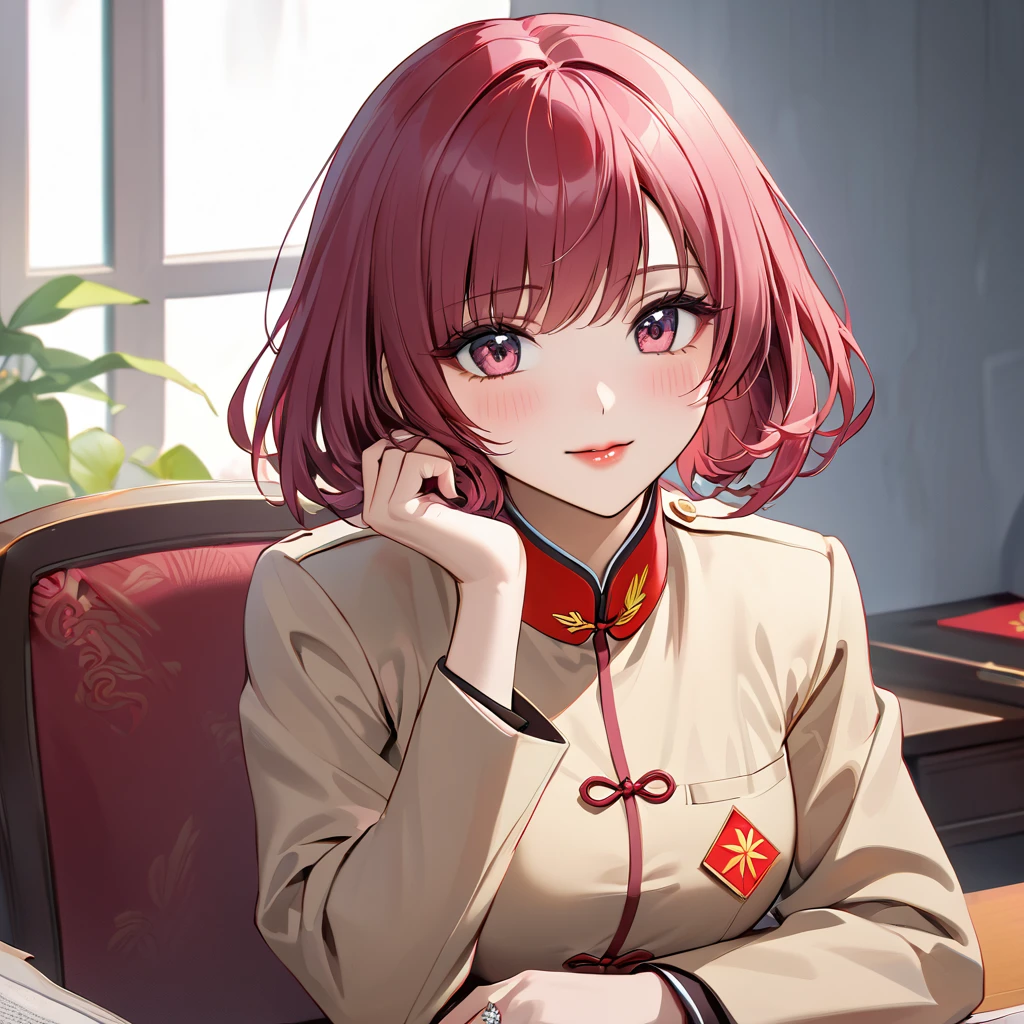 ((Highest quality)), ((masterpiece)), (detailed), (Perfect Face)、The woman is Chinese Momo Beria Deviluke, a Chinese woman with pink short bob hair and an engagement ring. She is a member of the glorious Chinese Communist Party and has sworn absolute loyalty to the Chinese Communist Party. She is a righteous Communist Party member of the ruling China and the wife of a great Communist Party official.、The woman is wearing the khaki Mao suit of the Chinese Communist Party.、For the sake of China, their hairstyles, clothes, and everything they wear are all Chinese Communist Party items, and their thoughts are also Chinese, becoming great Chinese in body and mind.、The woman became Momo Belia Deviluke, a Chinese woman who was proud of and loved China.、She is serving China as a member of the great Communist Party of China.、The woman is a beautiful, respectable and exemplary Communist Party member.
