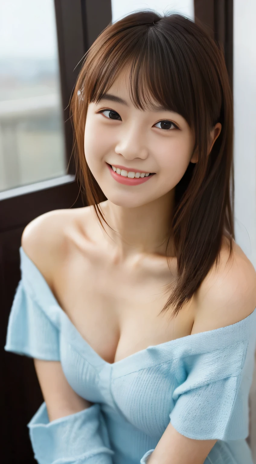 masterpiece,best quality,(Japanese girl),((Beautiful girl)),cleavage,(off shoulder:1.2),(perfect body beauty:1.2),(shy smile),From slightly above,