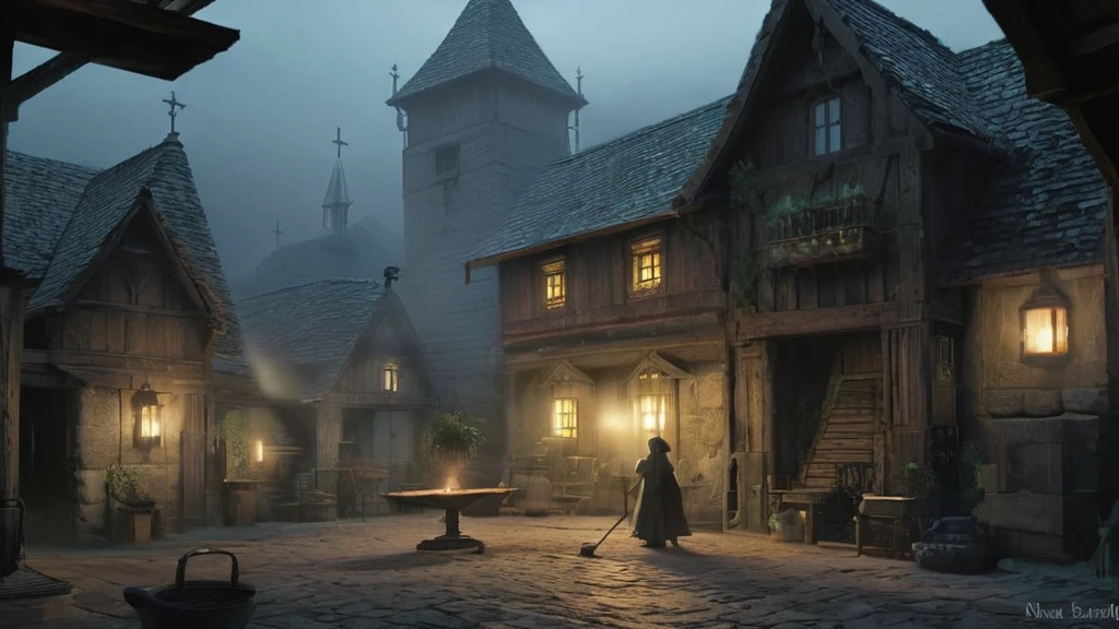 shadowy medieval city, where narrow, winding streets are veiled in a blanket of fog, stands a small, weathered house tucked away from the main thoroughfare. The structure, with its sagging roof and crooked timbers, exudes an aura of age and mystery. Dim, flickering candlelight spills through the small, grimy windows, casting wavering shadows on the cobblestone streets outside.

Inside, the air is thick with the scent of herbs, old parchment, and the faint aroma of incense. The modest interior is cluttered with an assortment of peculiar objects: dried herbs hang from the low beams, strange vials and jars are scattered across wooden shelves, and ancient books lie open on a cluttered table.

Seated by the hearth, an elderly woman with a face etched deeply by time and wisdom occupies a worn, high-backed chair. Her gnarled hands, deft despite their age, gently stir a pot of mysterious concoction bubbling over the fire. Her eyes, sharp and glinting with a keen, knowing light, survey the room with a blend of caution and curiosity.

The house creaks and groans with every gust of the cold night wind, and occasional distant howls from the darkened city outside add to the eerie atmosphere. In the dim glow of the hearth and candlelight, the old lady appears as both guardian and keeper of forgotten knowledge, a solitary figure whose presence weaves a thread of arcane mystery into the heart of the medieval night.
