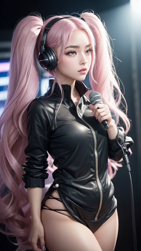 (A photo of a beautiful girl in fashionable casual clothes wearing headphones and singing into a recording microphone in a recording studio was posted on social media.) (The beautiful girl is , 18% Japanese, 26% French, and 56% Ukrainian, 178 cm tall, small bust but stylish, with a beautiful, well-balanced figure.) (Her hair is pink ash gray and super long, tied in twin tails with black ribbons, and curls in a spiral toward the tip.) (Her eyebrows are the same color as her hair, thin, slightly thick and short, and her eyelashes are long.) (Her large blue eyes reflect the light of the lighting and are amazingly beautiful like pearls.) (Her nose is high like an English person, her lips are plump and shaped so that you want to kiss them, her skin is translucent white, and the balance between her head and face is in line with traditional Japanese aesthetics.) Her hands should have five fingers. Furthermore, even her nails are drawn very delicately. (Single, Masterpiece, Ultra Detailed, Highest Quality, Artistic Composition, Ultra Precision, Realistic, Photorealistic, High Resolution, Dynamic Lighting Effects, Golden Ratio, Surreal). Try your best to meet all these criteria.
