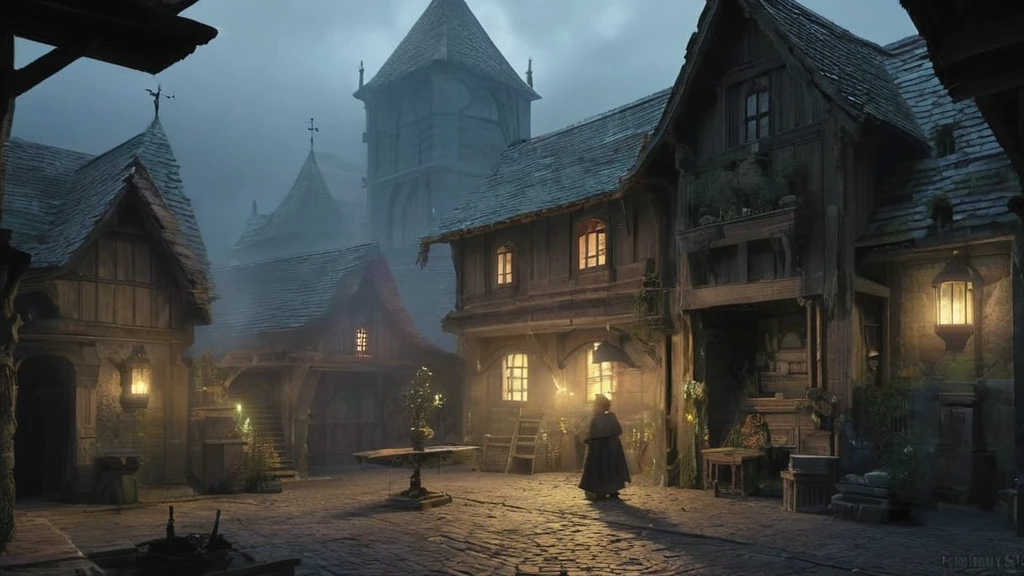 shadowy medieval city, where narrow, winding streets are veiled in a blanket of fog, stands a small, weathered house tucked away from the main thoroughfare. The structure, with its sagging roof and crooked timbers, exudes an aura of age and mystery. Dim, flickering candlelight spills through the small, grimy windows, casting wavering shadows on the cobblestone streets outside.
Inside, the air is thick with the scent of herbs, old parchment, and the faint aroma of incense. The modest interior is cluttered with an assortment of peculiar objects: dried herbs hang from the low beams, strange vials and jars are scattered across wooden shelves, and ancient books lie open on a cluttered table.
Seated by the hearth, an elderly woman with a face etched deeply by time and wisdom occupies a worn, high-backed chair. Her gnarled hands, deft despite their age, gently stir a pot of mysterious concoction bubbling over the fire. Her eyes, sharp and glinting with a keen, knowing light, survey the room with a blend of caution and curiosity.
The house creaks and groans with every gust of the cold night wind, and occasional distant howls from the darkened city outside add to the eerie atmosphere. In the dim glow of the hearth and candlelight, the old lady appears as both guardian and keeper of forgotten knowledge, a solitary figure whose presence weaves a thread of arcane mystery into the heart of the medieval night.