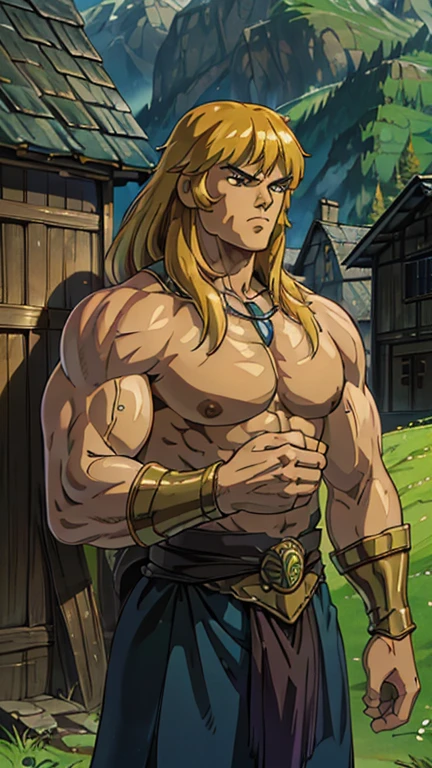 (1man, thundarr, GarkEst), (extremely detailed CG unit 8k wallpaper),(master part), (best quality), (ultra detail), (best illustration),(melhor ombre), cowboy shot, (Sharp eyeliner, ombre, detailed eyes:1), Celtic Village background,break , (ghibli style), upper body