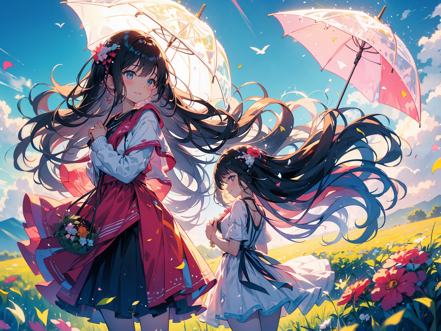 A romantic couple standing together on a grassy plain, holding a red umbrella. The man and woman embrace each other tenderly, looking into each other's eyes with love and joy. The scene is set against a backdrop of a vast open landscape, under a bright and clear blue sky filled with beautifully fluffy clouds. The colors are vibrant and full, enhancing the lush green grass in the foreground that stretches out, providing a lively and natural base for the scene. The image is highly detailed and sharp, with HD clarity that captures every nuance with precision.

The overall atmosphere is cheerful and romantic, perfectly capturing a tender and happy moment between the couple. The focus is on the couple, with the background slightly blurred to add depth and emphasize the sharpness of their connection. The photograph is taken from a wide perspective, making the couple appear far away, and showcasing a broad view of the vibrant sky and landscape. This wide-angle approach highlights the expansive beauty of the surroundings, with bright sunlight illuminating the scene, the clear blue sky, and the lush grassy fields, creating a joyful and vividly colorful ambiance.