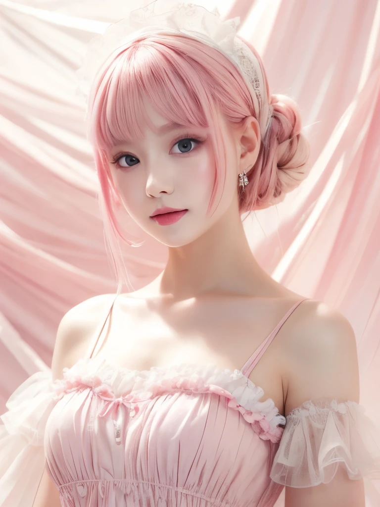 A super delicate and cute girl with pink hair and a ta dress. 8K ultra-high image quality, Ultra high definition, Delicate texture, Soft skin texture, Pure white background.