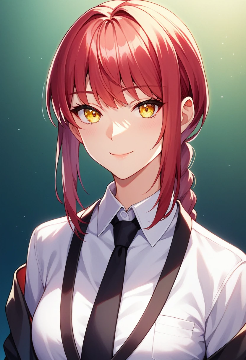 makima, 1girl, solo, long_hair, looking_at_viewer, smile, bangs, shirt, closed_mouth, jacket, yellow_eyes, white_shirt, upper_body, braid, sidelocks, red_hair, necktie, collared_shirt, medium_hair, blurry, black_jacket, eyelashes, blurry_background, formal, suit, light_smile, black_necktie, braided_ponytail, office_lady, ringed_eyes, business_suit,