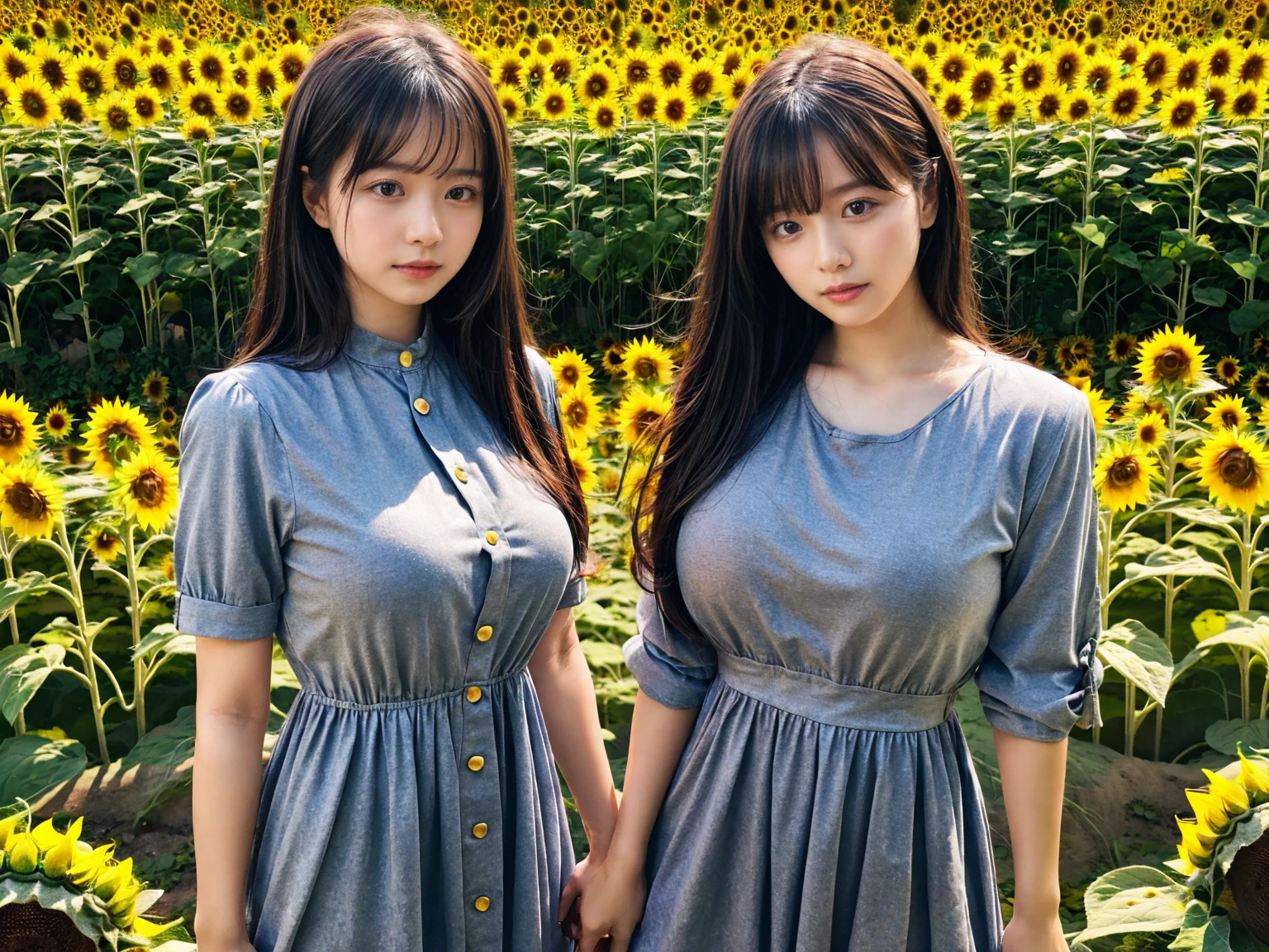 (8K, RAW Photos, Highest quality, masterpiece:1.2), (professional photography, full colors, studio-caliber color grading), (Gravure quality for high-end fashion magazines), close up, (2 girls), BREAK,18 year old girl, (straight hair:1.1), crying a little, Harajuku style, Big Natural Color Lip, (Plumpy body (smooth skin.1 (  BREAK (((casual dress.3)), BREAK (Sunflower field background)、