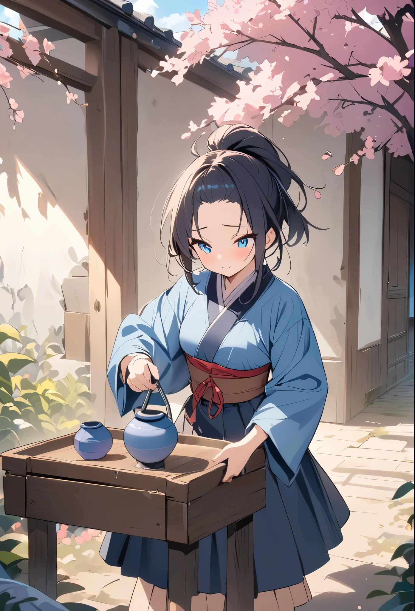 ((Pale colors))、anime、デジタルanimeアート、Flat Design,(masterpiece:1.2)、high quality、High resolution、Very detailed、(Amazingly absurd:1.2)、BREAK、Jomon people、Jomon Period、Black Hair、BREAK、long hair、Hair tied back、BREAK、Girl holding Jomon pottery
