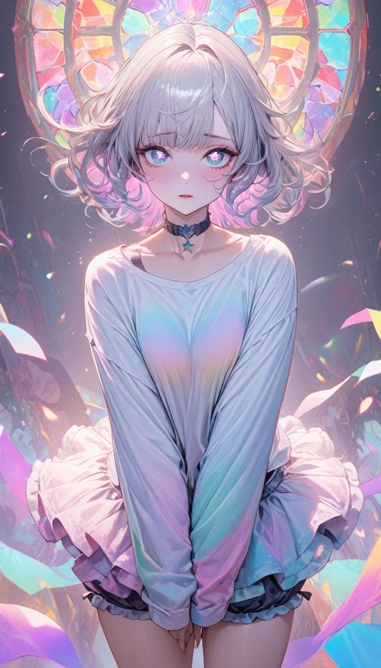 beautiful woman, (big round eyes, star-shaped pupils), amorous and lewd face, cool and sadistic, looking down with a cold gaze, makeup, great proportion, wearing baggy loose shirt, frilly shorts, heavy engineer boots, choker, standing pose, background pastel color palette, large pastel stained glass, shading effects, gradation magic effects, (ultra detailed, absolutely resolution, best quality:1.3), 2.5D, delicate and dynamic, cartoon-style