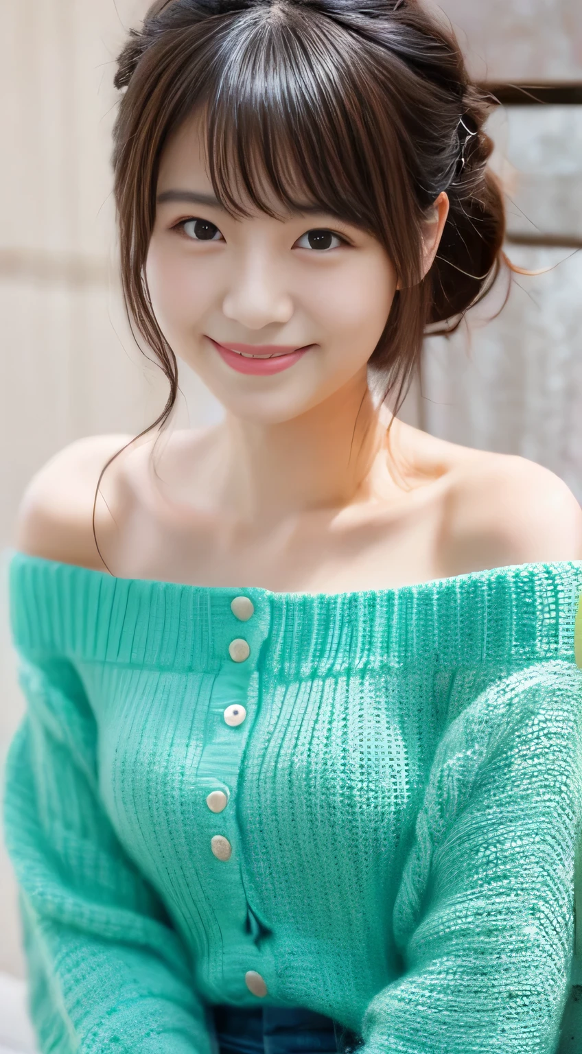 masterpiece,best quality,(Japanese girl),((Beautiful girl)),cleavage,(off shoulder:1.2),(perfect body beauty:1.2),(shy smile),From slightly above,