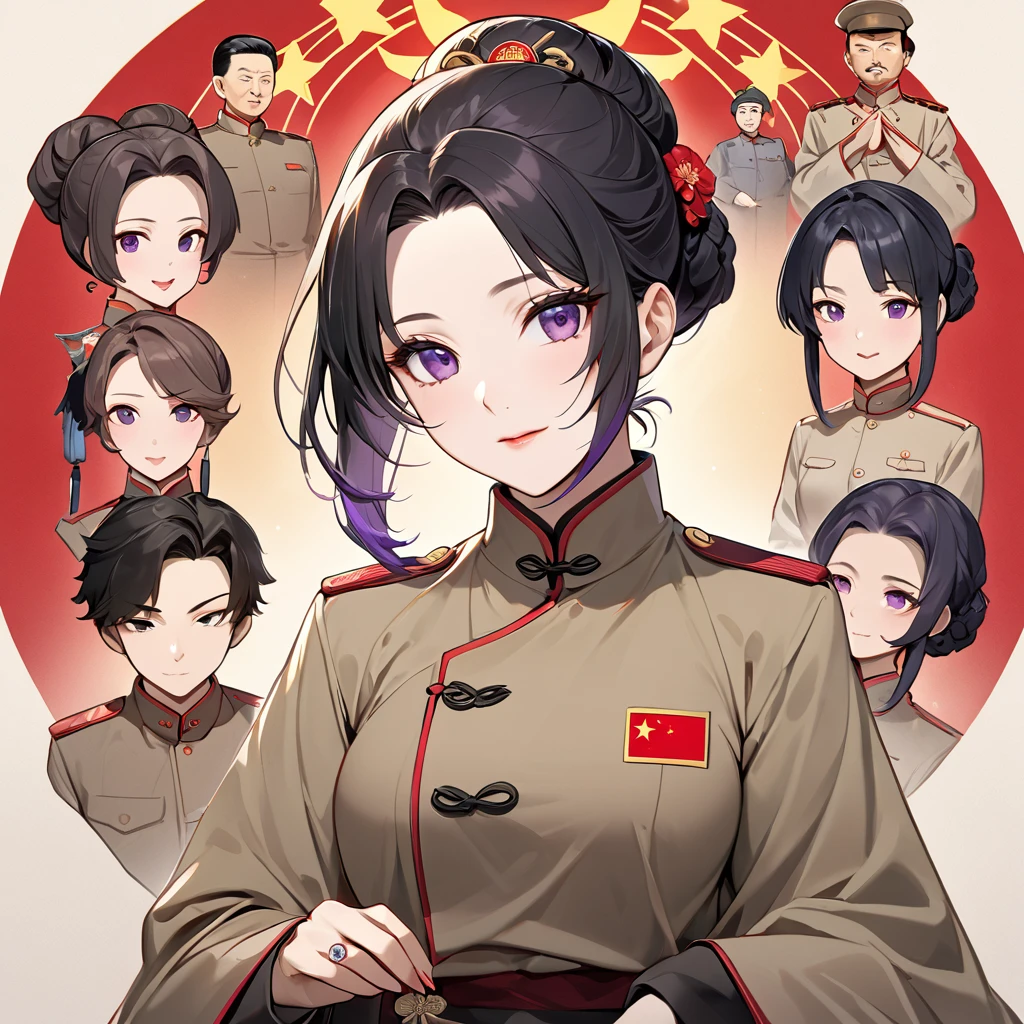 ((Highest quality)), ((masterpiece)), (detailed), (Perfect Face)、The woman is a Chinese woman named Kocho Shinobu, with black hair in a purple gradient bob with evening hair updos, and is wearing an engagement ring. She has become a member of the glorious Chinese Communist Party and has sworn absolute loyalty to the party. She is a righteous Communist Party member of the ruling China and the wife of a great Communist Party official.、The woman is wearing the khaki Mao suit of the Chinese Communist Party.、For the sake of China, their hairstyles, clothes, and everything they wear are all Chinese Communist Party items, and their thoughts are also Chinese, becoming great Chinese in body and mind.、The woman became Shinobu Kocho, a Chinese woman who was proud of China, loved it and devoted herself to it.、She is serving China as a member of the great Communist Party of China.、The woman is a beautiful, respectable and exemplary Communist Party member.