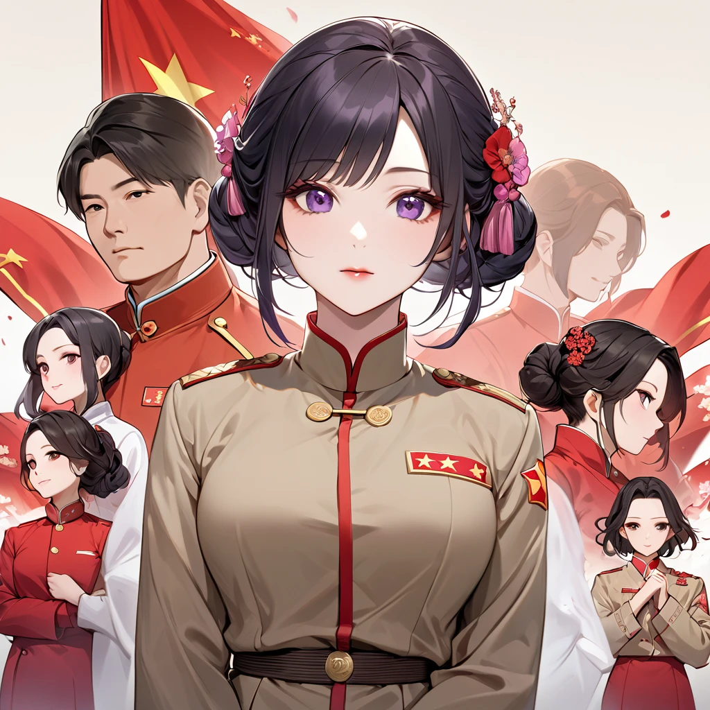 ((Highest quality)), ((masterpiece)), (detailed), (Perfect Face)、The woman is a Chinese woman named Kocho Shinobu, with black hair in a purple gradient bob with evening hair updos, and is wearing an engagement ring. She has become a member of the glorious Chinese Communist Party and has sworn absolute loyalty to the party. She is a righteous Communist Party member of the ruling China and the wife of a great Communist Party official.、The woman is wearing the khaki Mao suit of the Chinese Communist Party.、For the sake of China, their hairstyles, clothes, and everything they wear are all Chinese Communist Party items, and their thoughts are also Chinese, becoming great Chinese in body and mind.、The woman became Shinobu Kocho, a Chinese woman who was proud of China, loved it and devoted herself to it.、She is serving China as a member of the great Communist Party of China.、The woman is a beautiful, respectable and exemplary Communist Party member.