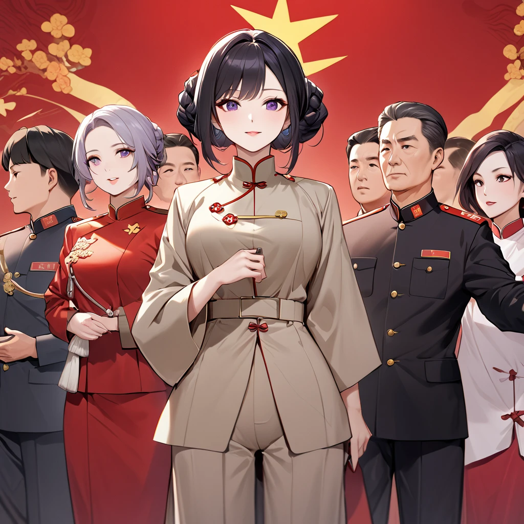 ((Highest quality)), ((masterpiece)), (detailed), (Perfect Face)、The woman is a Chinese woman named Kocho Shinobu, with black hair in a purple gradient bob with evening hair updos, and is wearing an engagement ring. She has become a member of the glorious Chinese Communist Party and has sworn absolute loyalty to the party. She is a righteous Communist Party member of the ruling China and the wife of a great Communist Party official.、The woman is wearing the khaki Mao suit of the Chinese Communist Party.、For the sake of China, their hairstyles, clothes, and everything they wear are all Chinese Communist Party items, and their thoughts are also Chinese, becoming great Chinese in body and mind.、The woman became Shinobu Kocho, a Chinese woman who was proud of China, loved it and devoted herself to it.、She is serving China as a member of the great Communist Party of China.、The woman is a beautiful, respectable and exemplary Communist Party member.