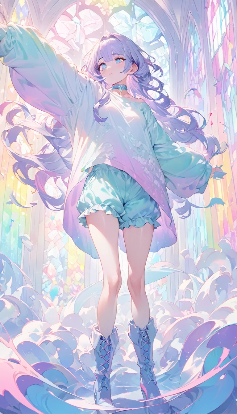beautiful woman, (big round eyes, star-shaped pupils), amorous and lewd face, cool and sadistic, looking down with a cold gaze, makeup, great proportion, wearing baggy loose shirt, frilly shorts, heavy engineer boots, choker, standing pose, background pastel color palette, large pastel stained glass, shading effects, gradation magic effects, (ultra detailed, absolutely resolution, best quality:1.3), 2.5D, delicate and dynamic, cartoon-style