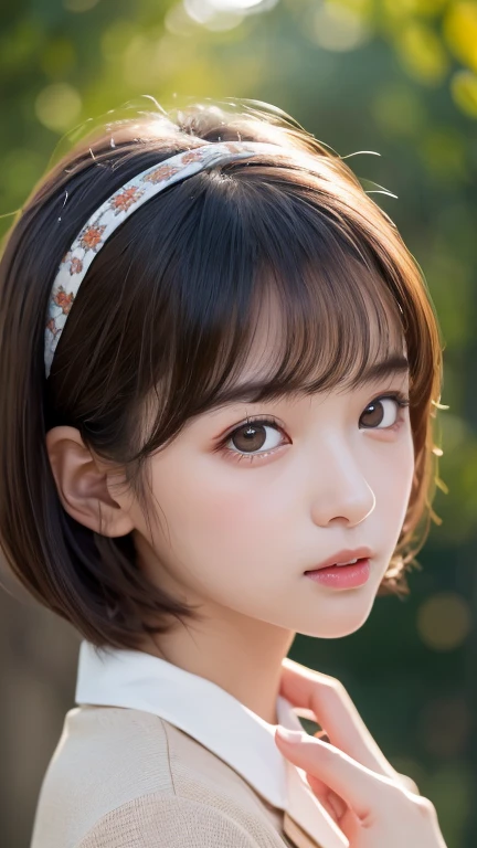 One Girl,(1人のとてもcute女の子:1.3),masterpiece,Highest quality,High resolution,beautiful girl,(18-year-old:1.3),cute,Big eyes,(Detailed pupil:1.2),(The face is facing straight ahead:1.3),Body facing forward,Beautiful Nose,Fuller lips,Short black hair,short hair,Fine eyelashes,Thin eyebrows,Definition of very fine particles,(Symmetrical eyes:1.3),(Face close-up,Face Focus:1.0),blazer,Student Style,Portraiture,Show Viewer,Cinema Lighting,High resolution,Very detailed、Headband、Open your mouth a little、From above、High angle、Put your hand on your chin