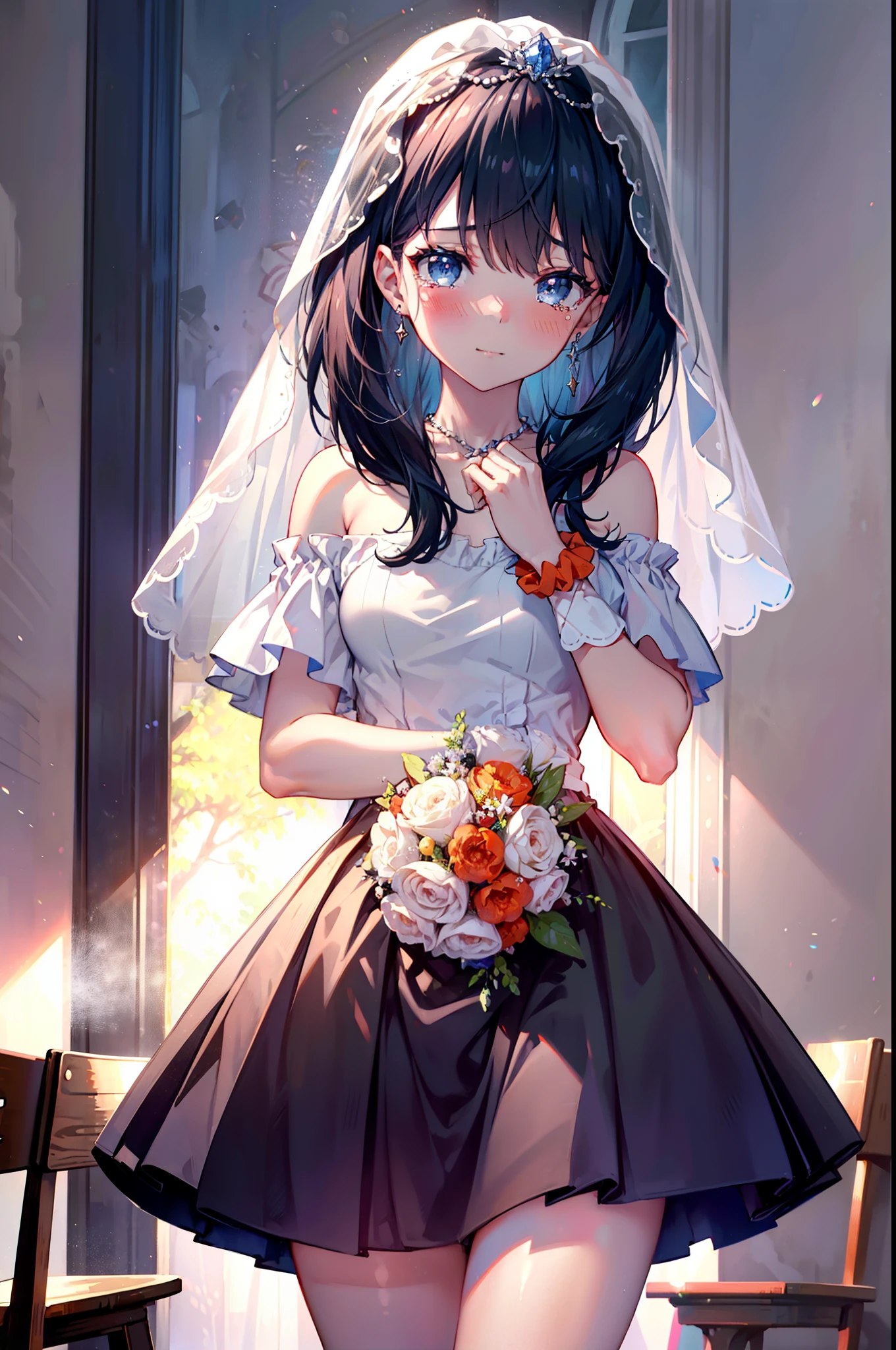 Rikka body, Black Hair, blue eyes, Long Hair, orange Scrunchie, Scrunchie, wrist Scrunchie,smile,blush,off-the-shoulder wedding dresses,wedding long skirt,necklace,Veil,bouquet,Please close your eyes.,Tears stream down her face,Tears of joy,I cry a lot,
break looking at viewer, whole body,(Cowboy Shot:1. 5) break indoors, Chapel,church, break (masterpiece:1.2), Highest quality, High resolution, unity 8k wallpaper, (shape:0.8), (Beautiful attention to detail:1.6), Highly detailed face, Perfect lighting, Extremely detailed CG, (Perfect hands, Perfect Anatomy),
