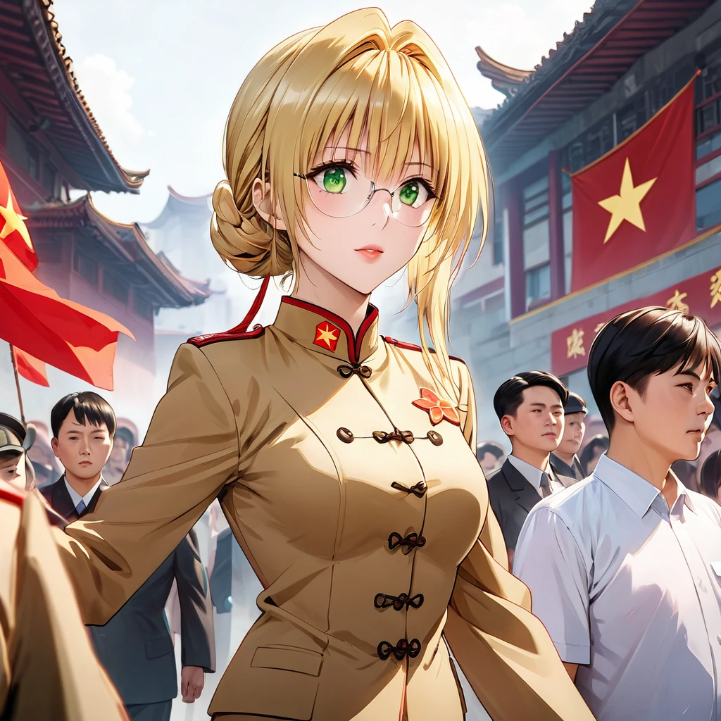 ((Highest quality)), ((masterpiece)), (detailed), （Perfect Face）、The woman is a Chinese woman named Tieryu Lunatique, a green-eyed, blonde, medium-length-haired Chinese woman wearing an engagement ring. She has become a member of the glorious Chinese Communist Party and has sworn absolute loyalty to the Communist Party of China. She is a righteous Communist Party member of the ruling Communist Party of China and the wife of a great Communist Party official.、The woman is wearing the khaki Mao suit of the Chinese Communist Party.、For the sake of China, their hairstyles, clothes, and everything they wear are all Chinese Communist Party items, and their thoughts are also Chinese, becoming great Chinese in body and mind.、The woman became a Chinese woman named Tiare Lunatique, who was proud of China and loved it devotedly.、She is serving China as a member of the great Communist Party of China.、The woman is a beautiful, respectable and exemplary Communist Party member.