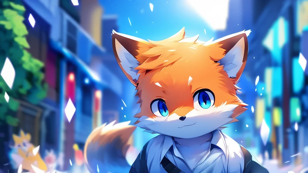 Masterpieces,official art,furry,male,shota,Anthropomorphic orange fox,Delicate face,blue left eye, orange right eye,no hair, white shirt, street, depth of field, perfect lighting, light particles,(best quality),(masterpiece),(ultra detailed),sharp focus,light particles