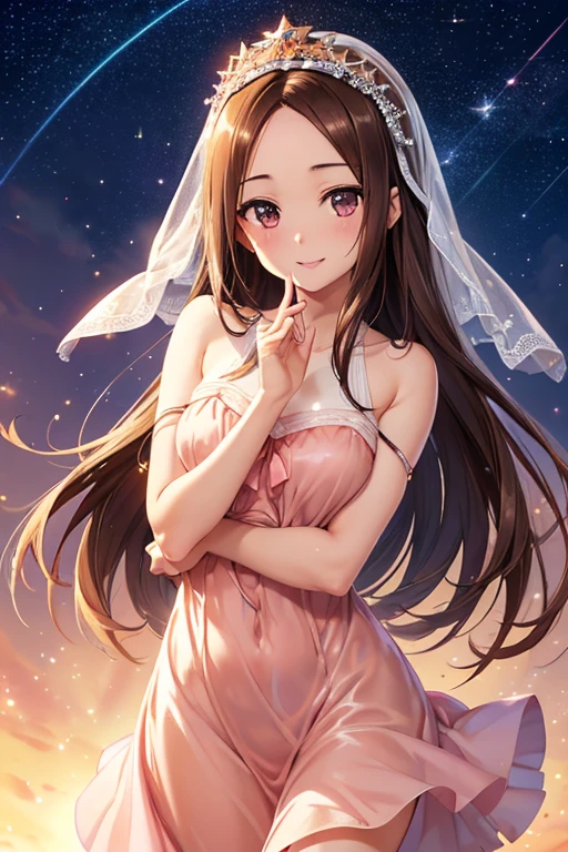 Takagi-san、Shiny brown hair, Straight Long Hair,((Medium chest、Forehead、Center part))、 Beautiful brown eyes、smile、Sparkling eyes, (fine grain)、Very fine eye、Highly detailed face, Highly detailed eyes, Cowboy Shot、 


(Realistic,alone,alone,,Beautiful and delicate figure,Very elegant woman) blush heavily,Perfect Lips, (Perfect Fingers) (Well-groomed haircut,Surprised Eyes,Highly detailed eyes,Make eye contact) Seductive look,Sensual look,Natural look,Seduce you) 
(Gradient Orange Pink Star Theme) (Very sensual) (Subjective close-up body shots) (Squint your eyes) (無邪気なsmile) (Beautiful prismatic star themed dress) (Flower Veil) (Crystal Night Sky)