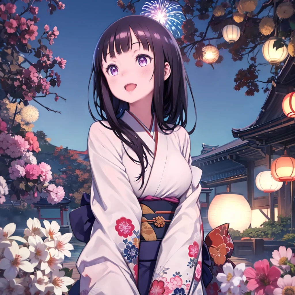 One Girl、Japanese Festivals、Fireworks display、kimono、night、Fireworks、laughing、Black Hair、Purple Eyes、Long Straight Hair、Big Breasts、Looking up at the sky、