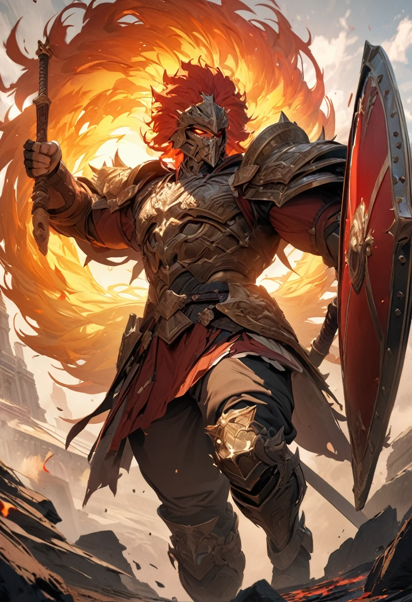 masterpiece, 8k, best quality, highly detailed, a human male warrior wielding a sword & shield based off a flaming sun lion