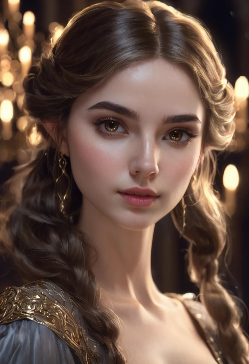Animation, Beautiful solo female character with long brown blonde hair_Intricate and detailed description, Big size shirt, Big breasts and wide hips, (Best quality, 4k, 8k, High resolution, Masterpiece: 1.2), Highly detailed, (Realistic: 1.37), Intricate white ribbon, Detailed portrait, Serene expression, Mysterious shaman, Gorgeous background, Shining light, Vivid colors, Dramatic lighting