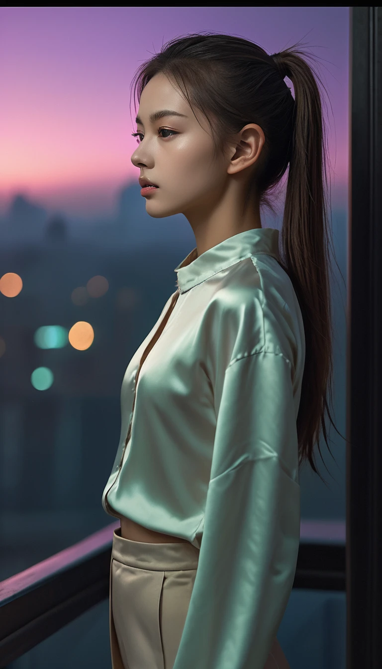 Top Quality, Masterpiece, High Resolution, 8k, (((cute skinny barely legal girl in oversized silk blouse and wetlook leggings, bare belly, wide neckline, deep neckline, small perky breasts, beautiful detailed eyes, beautiful detailed lips, small closed mouth, extremely detailed face, long ponytail hair, small hips))), cyberpunk apartment, moody atmosphere, dramatic and random neon colors, futuristic setting, intricate details, at night, backlit, full body shot, view from distance 