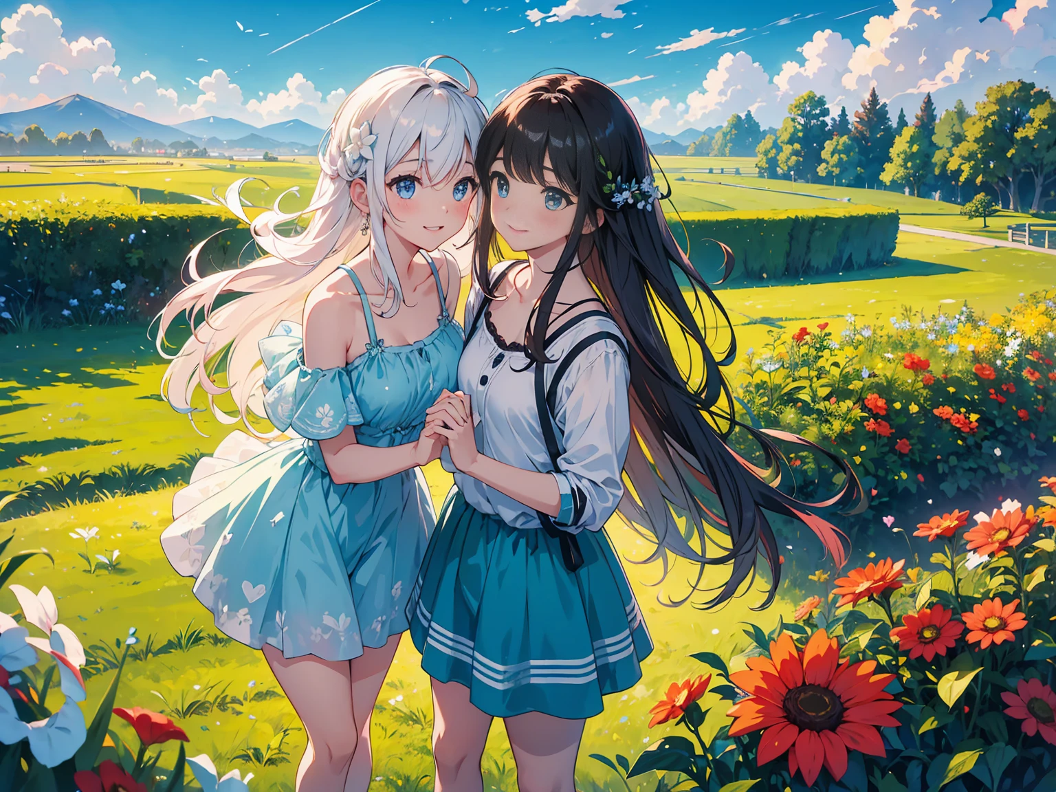 A romantic couple standing together on a grassy plain, holding a red umbrella. The man and woman embrace each other tenderly, looking into each other's eyes with love and joy. The scene is set against a backdrop of a vast open landscape, under a bright and clear blue sky filled with beautifully fluffy clouds. The colors are vibrant and full, enhancing the lush green grass in the foreground that stretches out, providing a lively and natural base for the scene. The image is highly detailed and sharp, with HD clarity that captures every nuance with precision.

The overall atmosphere is cheerful and romantic, perfectly capturing a tender and happy moment between the couple. The focus is on the couple, with the background slightly blurred to add depth and emphasize the sharpness of their connection. The photograph is taken from a wide perspective, making the couple appear far away, and showcasing a broad view of the vibrant sky and landscape. This wide-angle approach highlights the expansive beauty of the surroundings, with bright sunlight illuminating the scene, the clear blue sky, and the lush grassy fields, creating a joyful and vividly colorful ambiance.
