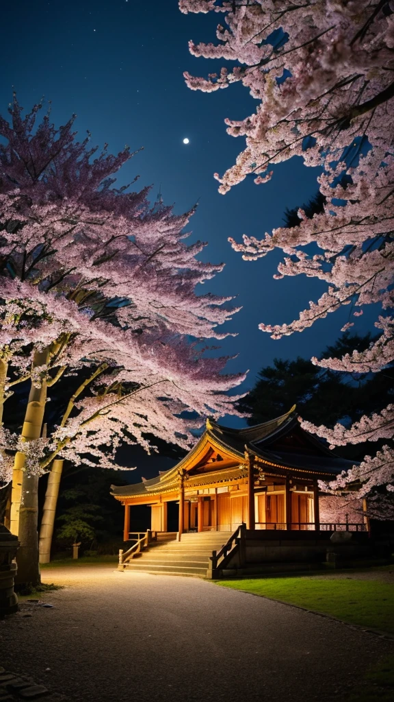 A long-haired white fox，Has 9 tails，Fox holding a box of gold，Standing in front of an ancient temple，Face the screen，Behind is a cherry blossom tree，The petals fall in the wind，Adds a sense of tranquility and。The temple floor is covered with gold，Surrounded by dense bamboo forest，Create a mysterious and ancient atmosphere。The scene is filled with a calm and mysterious atmosphere，The gentle falling of cherry blossoms and the tranquil posture of the fox，It gives people a sense of otherworldly tranquility。photography，Use a full-frame camera，Use low light environment settings，Using long exposure to capture the light and shadow effects of the fox and cherry blossom trees under the moonlight。Ultra-clear，16K