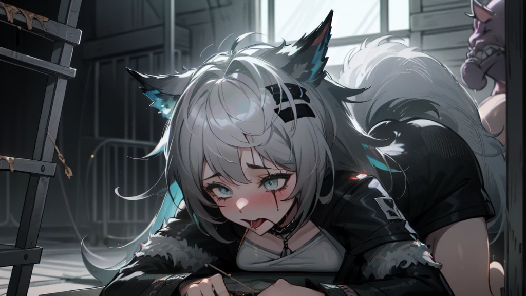 ((Highest quality)), ((masterpiece)), ((detailed)),(Browsing Caution){{nsfw}} ((delicate)) (Beauty) Hot and glowing skin (Sujiman) Arknights (a girl) (((fuck of filthy fat goblin))) (((Livestock shed)))(imprisonment)(((Iron bars)))(Ahegao)(((NTR)))