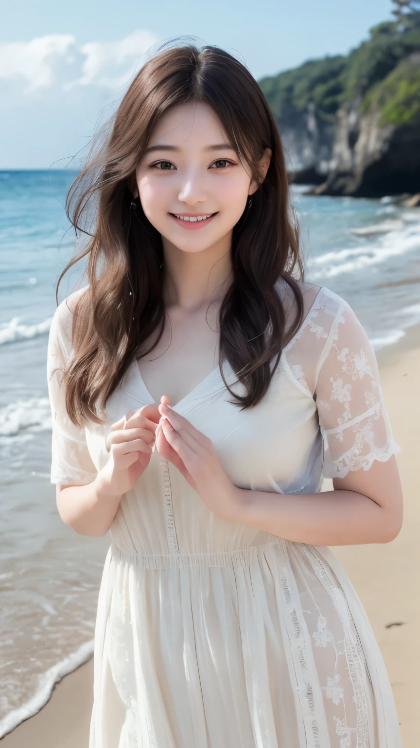 (RAW Photos, Highest quality), (Realistic, Photorealistic:1.3), masterpiece, Very delicate and beautiful, Soft Light, Beautiful detailed girl, (Detailed fingers), 1 girl, Japanese, Pure beauty, cute, young, smile, Beach,sexy