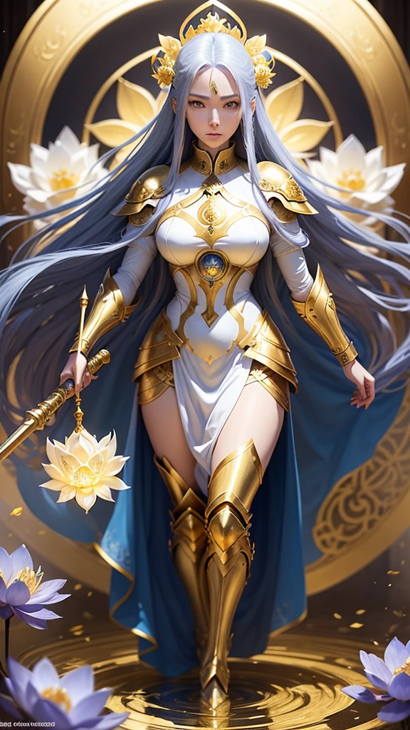 woman with white, oriental, long hair, blue locks, yellow eyes and ther blue eye, fair skin, dressed in golden armor with a lotus flower, similar to the armor of Camus from Aquarius of the knights of the zodiac, with a staff, whose tip has a large golden Cylinder, floating on a golden lotus flower