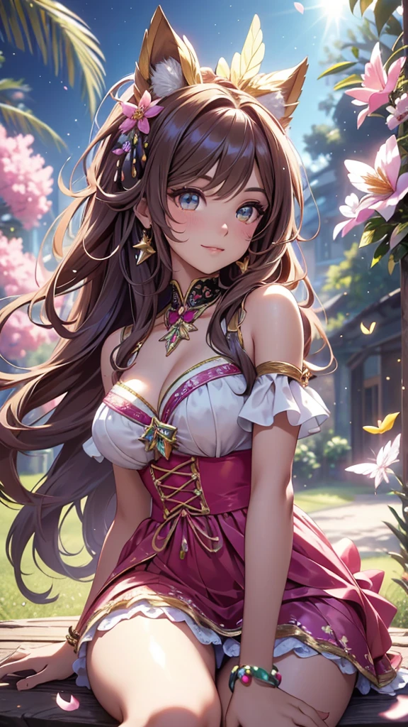 (best quality,4k,8k,highres,masterpiece:1.2),ultra-detailed,(realistic,photorealistic,photo-realistic:1.37),acrylic painting,beautiful Brazilian model in a ta dress with downy hair,beautiful Brazilian model with extremely colorful brown hair and detailed facial features,beautiful Brazilian model standing in a beautiful garden surrounded by a starry sky,brown hair,beautiful Brazilian model wearing a vibrant pink and teal uniform,beautiful Brazilian model with intricate accessories,cat ears,beautiful Brazilian model posing gracefully with her hands on her hips,beautiful Brazilian model with long flowing twintails,beautiful Brazilian model with bright brown eyes and rosy lips,beautiful Brazilian model with a joyful expression,beautiful Brazilian model in a dynamic pose with cherry blossoms falling around her,beautiful Brazilian model surrounded by colorful flowers and butterflies,beautiful Brazilian model's uniform adorned with cute bows and lace details,beautiful Brazilian model with an enchanting smile,beautiful Brazilian model with soft, pastel-colored shading,beautiful Brazilian model with a magical glow illuminating her,beautiful Brazilian model in a picturesque setting with a winding path leading to a magnificent castle,beautiful Brazilian model with a fairytale-like background,beautiful Brazilian model with a soft, dreamy atmosphere,beautiful Brazilian model with a subtle bokeh effect,beautiful Brazilian model standing under a sunny sky,beautiful Brazilian model with a warm, golden sunset in the background,beautiful Brazilian model surrounded by twinkling stars and colorful nebulae,creating an ethereal and captivating artistic masterpiece, sitting down.
