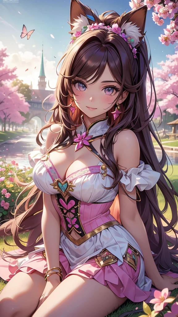 (best quality,4k,8k,highres,masterpiece:1.2),ultra-detailed,(realistic,photorealistic,photo-realistic:1.37),acrylic painting,beautiful Brazilian model in a Lolita dress with downy hair,beautiful Brazilian model with extremely colorful brown hair and detailed facial features,beautiful Brazilian model standing in a beautiful garden surrounded by a starry sky,brown hair,beautiful Brazilian model wearing a vibrant pink and teal uniform,beautiful Brazilian model with intricate accessories,cat ears,beautiful Brazilian model posing gracefully with her hands on her hips,beautiful Brazilian model with long flowing twintails,beautiful Brazilian model with bright brown eyes and rosy lips,beautiful Brazilian model with a joyful expression,beautiful Brazilian model in a dynamic pose with cherry blossoms falling around her,beautiful Brazilian model surrounded by colorful flowers and butterflies,beautiful Brazilian model's uniform adorned with cute bows and lace details,beautiful Brazilian model with an enchanting smile,beautiful Brazilian model with soft, pastel-colored shading,beautiful Brazilian model with a magical glow illuminating her,beautiful Brazilian model in a picturesque setting with a winding path leading to a magnificent castle,beautiful Brazilian model with a fairytale-like background,beautiful Brazilian model with a soft, dreamy atmosphere,beautiful Brazilian model with a subtle bokeh effect,beautiful Brazilian model standing under a sunny sky,beautiful Brazilian model with a warm, golden sunset in the background,beautiful Brazilian model surrounded by twinkling stars and colorful nebulae,creating an ethereal and captivating artistic masterpiece, sitting down. 