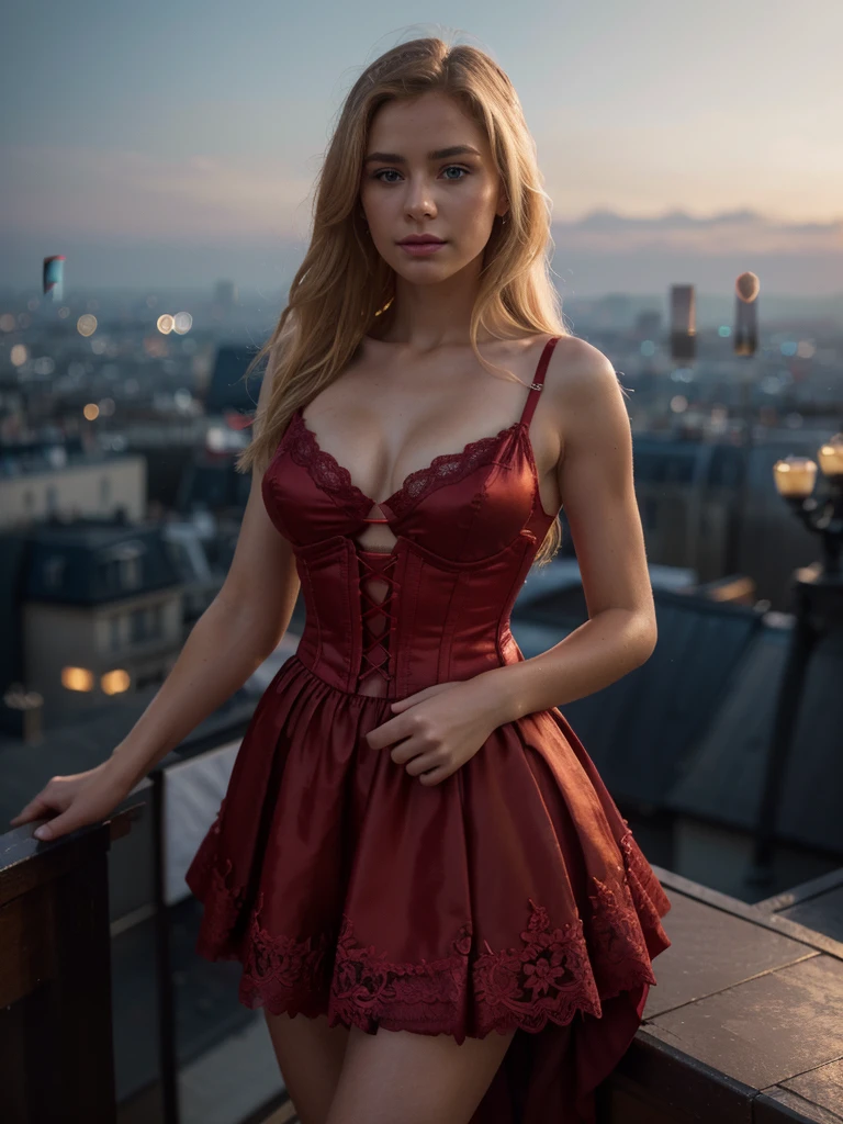 A beautiful blonde woman standing on the rooftops of Paris, wearing a pretty red dress with a corset, delicate lace details, (best quality,4k,8k,highres,masterpiece:1.2),ultra-detailed,(realistic,photorealistic,photo-realistic:1.37),HDR,UHD,studio lighting,ultra-fine painting,sharp focus,physically-based rendering,extreme detail description,professional,vivid colors,bokeh,atmospheric,dramatic lighting,cinematic,intricate details,elegant,fashion,portrait