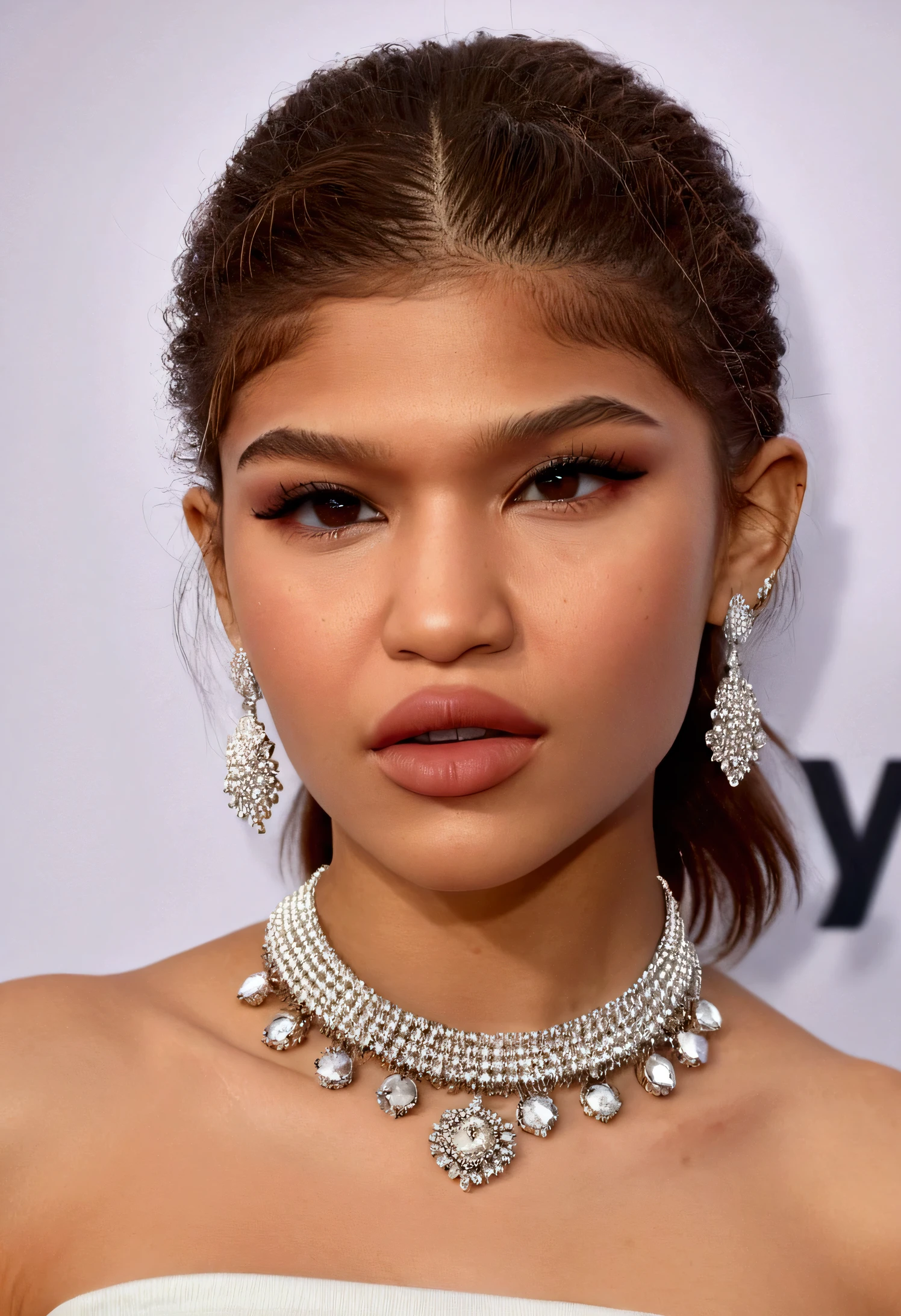 Beautiful Zendaya with beautiful eyes and hair in a halter dress with beautiful flowers around it with a beautiful necklace on her neck, tight dress, at night, beautiful in front