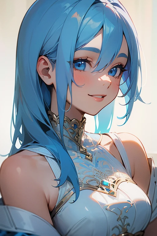 (masterpiece: 1.2, Highest quality), (Actual Photos, Intricate details), 1. woman, alone, Upper Body, casual, Shoulder-length hair, Minimal makeup, Natural materials, Face close-up, smile, Home, (Light blue hair).blue eyes, Shoulder Bare、Smiling with teeth showing、(In the gap between my breasts).((Kiss with your eyes closed)).