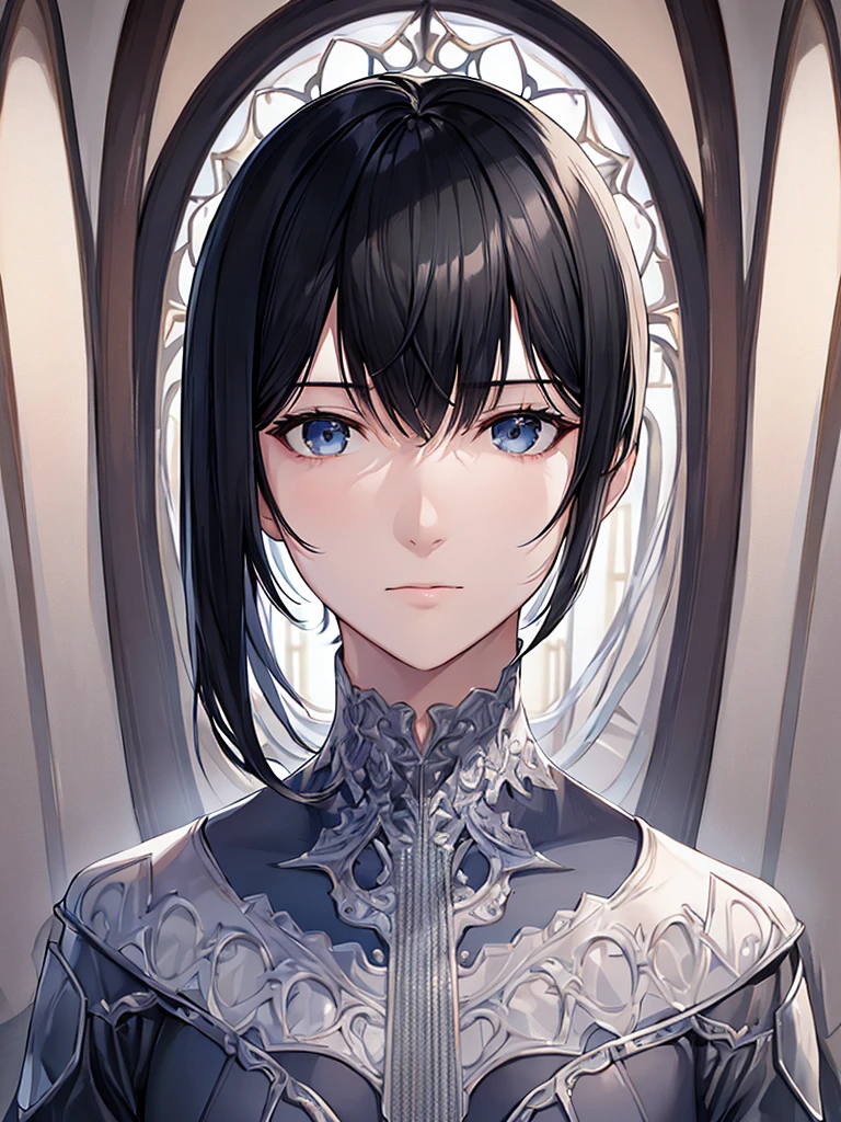 (Highest Resolution, clear_image) Highest quality, Single, One Woman, alone, masterpiece, Very detailed, Semi-realistic, Black short hair, Black Hair, bangs, 18-year-old, mature, light blue uniform, uniform, Indoor Background, kind, Authoritative, Powerful, Exquisite facial features, Exquisite facial features