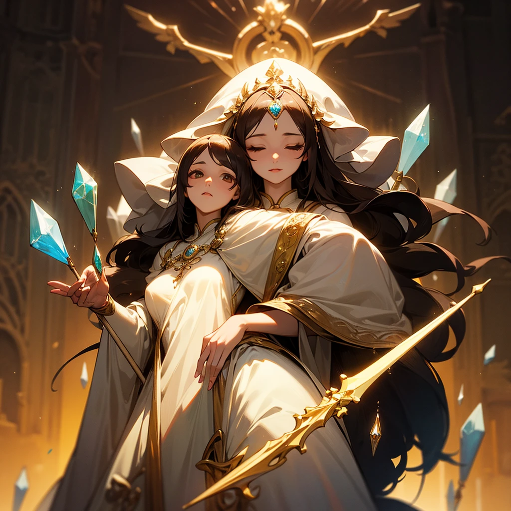 high resolution、Elegant、Neat、Long haired goddess。
Wearing a light dress。Goddess of Light。Holds a large staff with a crystal。like medieval europe、beautiful、Fantasy。Elegant、Adult wo luxurious atmosphere