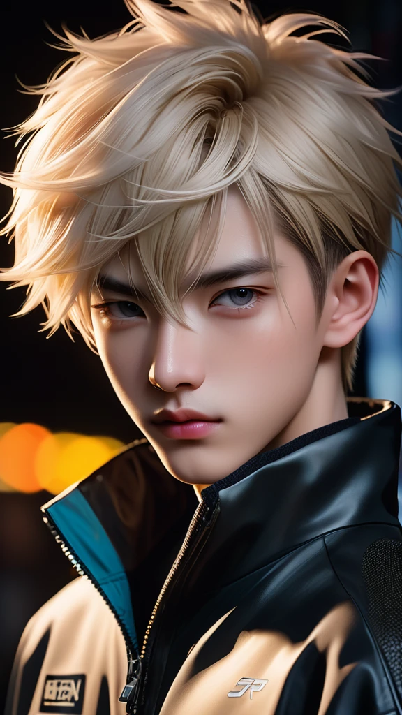 Meticulous, analog style, focus on the eyes, highest quality, (highly detailed skin), photo of very handsome pale skin Chinese donghua boy, 21 years old, (Cyber), cyber jacket, standing, perfect face, pore skin, (penetration:0.5), black background, (bokeh:0.6), sharp focus, grainy lighting, (backlight:0.7), film grain, photographed with Sony A7R IV camera, 18mm F/1.7 cine lens, (highly detailed, intricate detail), 8k, HDR, front view, (full body: 16,9)