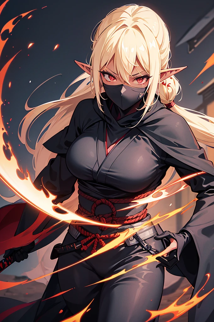 KATONSHUUFUUMA, 1GIRL, SOLO, LONG HAIR, HAIR ORNAMENT, RED EYES, THIGHHIGHS, ELBOW GLOVES, CLEAVAGE, MEDIUM BREASTS, PONYTAIL, JAPANESE CLOTHES, FINGERLESS GLOVES, RED SCARF, SASH, MOUTH MASK, NINJA,