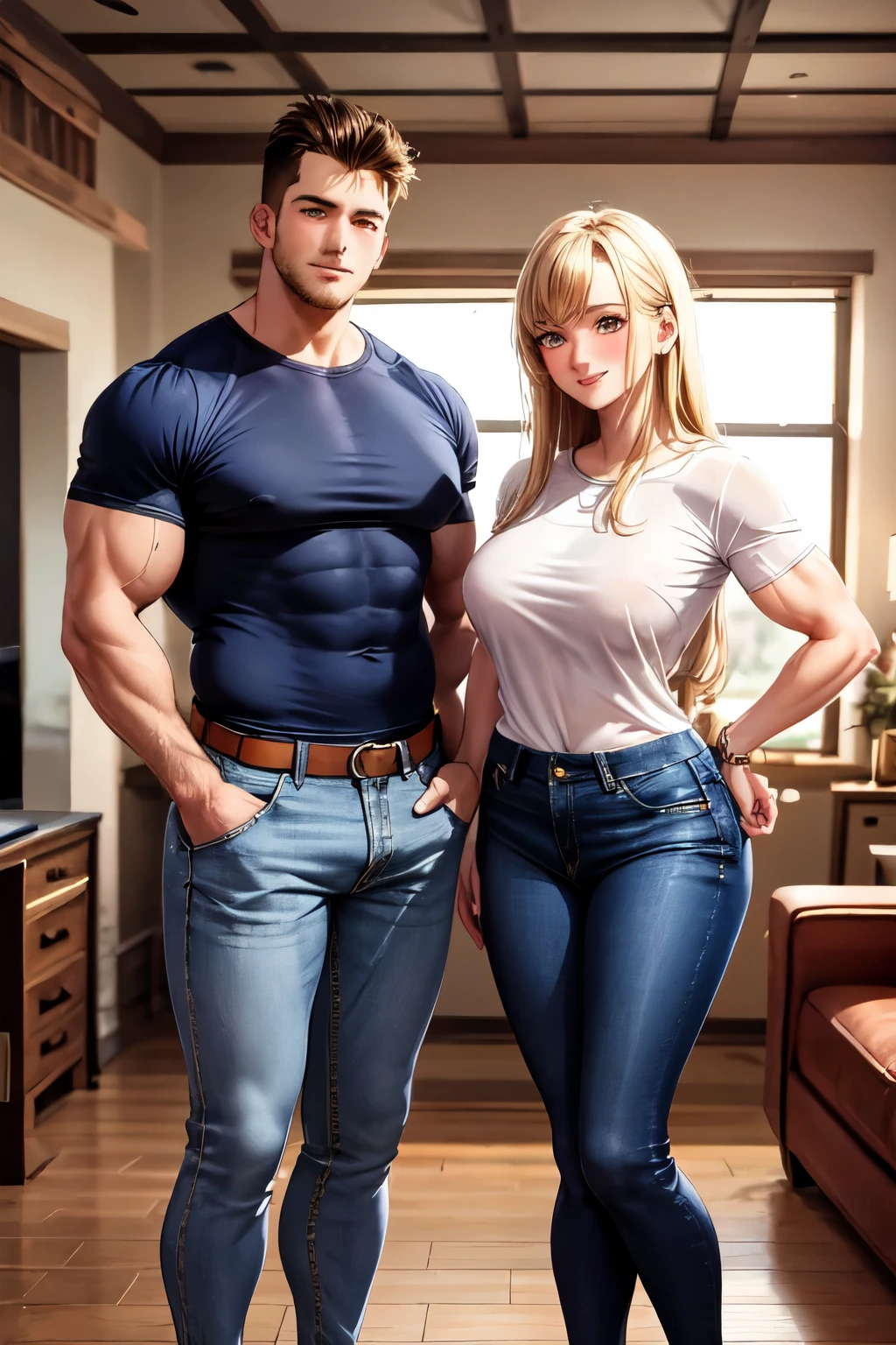 Lily and Jacob in their home, both tall bodybuilders, dressed in casual attire. Lily is in a slim Western dress with shiny pantyhose, while Jacob wears a casual shirt and jeans. The setting is cozy and welcoming.