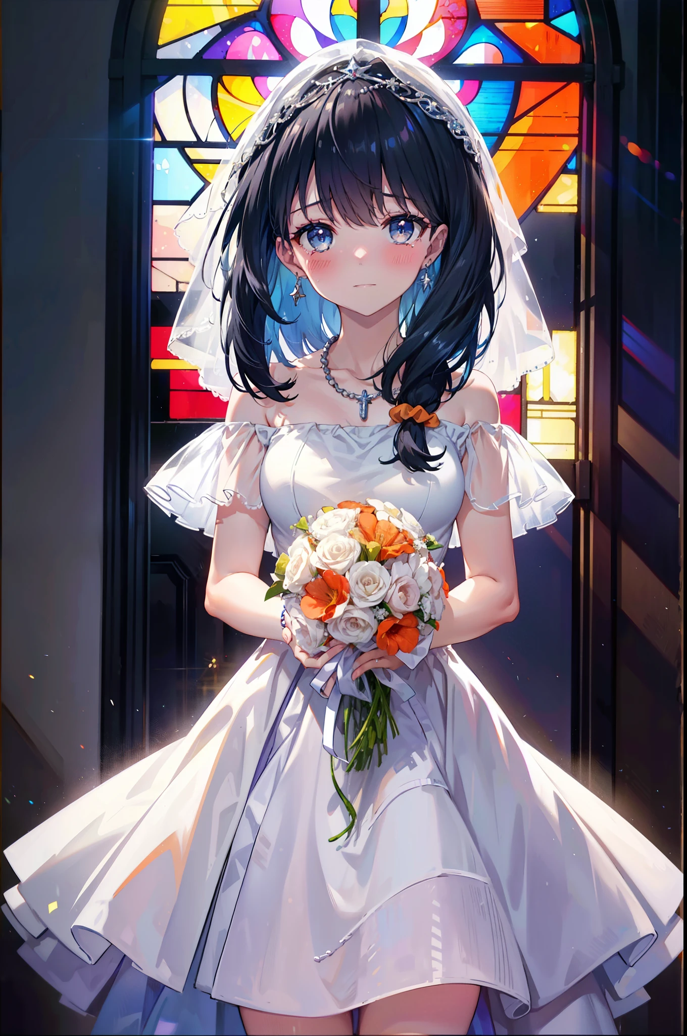 Rikka body, Black Hair, blue eyes, Long Hair, orange Scrunchie, Scrunchie, wrist Scrunchie,smile,blush,off-the-shoulder wedding dresses,wedding long skirt,necklace,Veil,Holding a bouquet in both hands,,Please close your eyes.,Tears stream down her face,Tears of joy,I cry a lot,Stained glass,
break looking at viewer, whole body,(Cowboy Shot:1. 5) break indoors, Chapel,church, break (masterpiece:1.2), Highest quality, High resolution, unity 8k wallpaper, (shape:0.8), (Beautiful attention to detail:1.6), Highly detailed face, Perfect lighting, Extremely detailed CG, (Perfect hands, Perfect Anatomy),