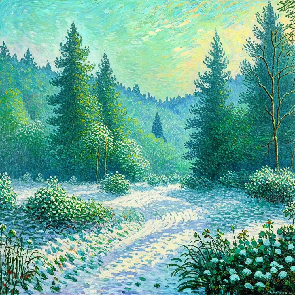 (Claude Monet),Forest cold background ,(landscape、Forest details) ,( Lonely),Claude Monet style